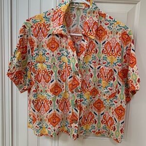 Christian Siriano colorful cropped short sleeve button down linen Top- medium